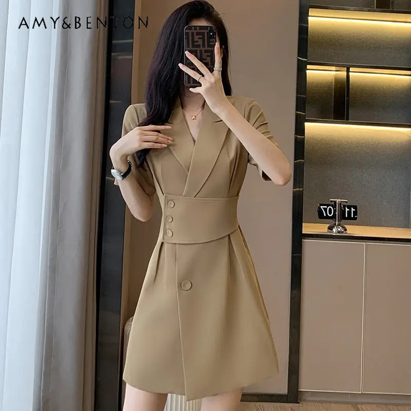 

2023 New Women's Spring and Summer New Short Sleeve Dress High Sense French Style Design Waist Seal Business Suit Dress