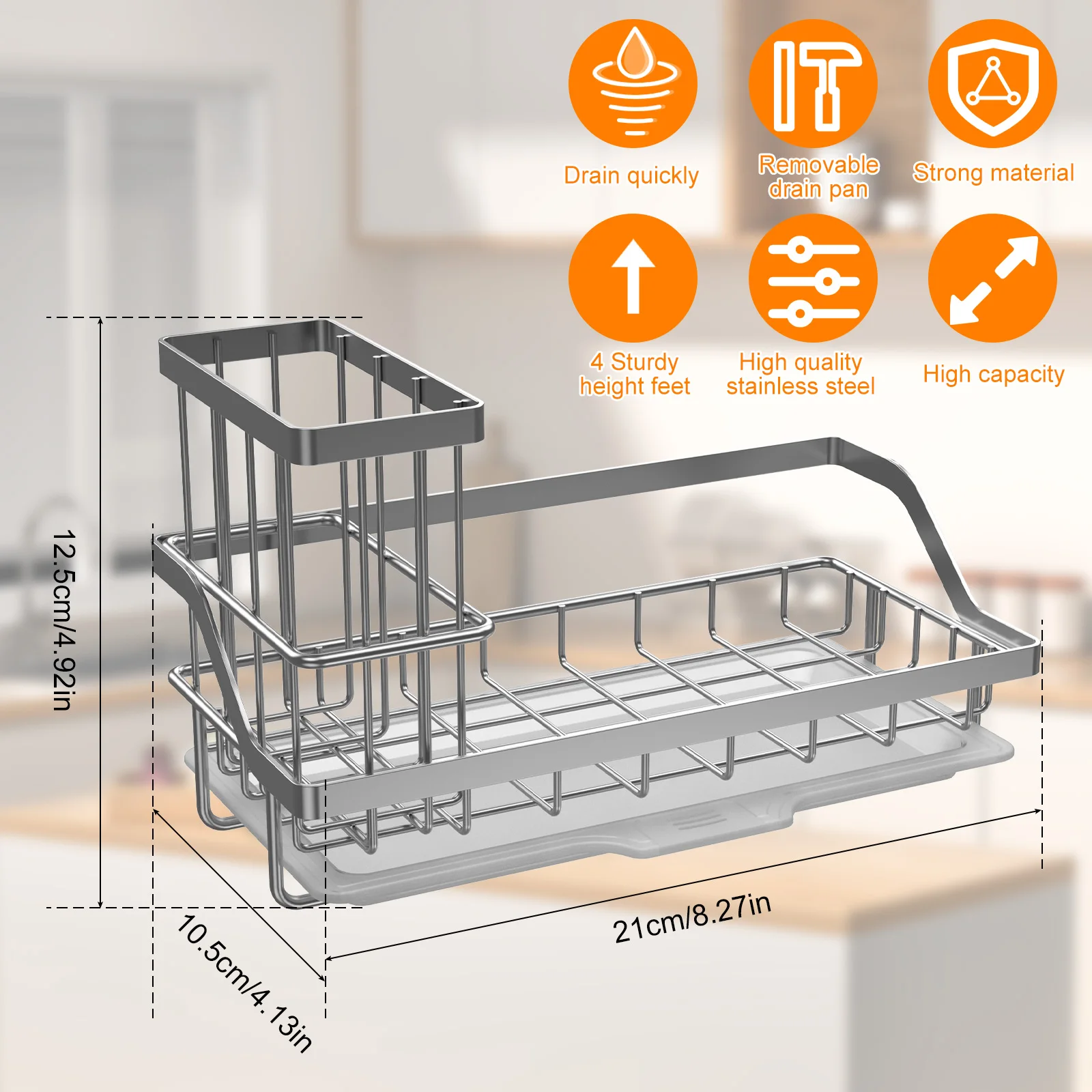 Kitchen Sink Organizer Stainless Steel Sink Organizer Tray - Auto Drain  Sponge Holder With Soap Dispenser - Kitchen Sink Caddy 9.05x3.54 Inches  Soap Dispenser Organizer