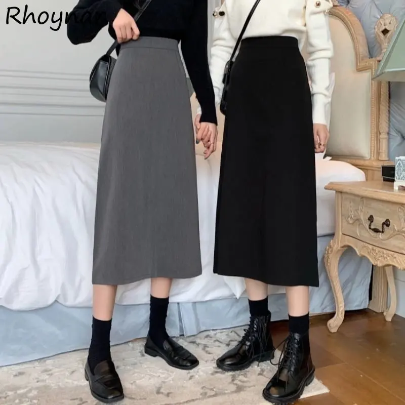 

Basic A-line Midi Skirts Women High Waist Casual Office Lady Minimalist Spring Slit Design Trendy Temper Pure Chic Korean Style