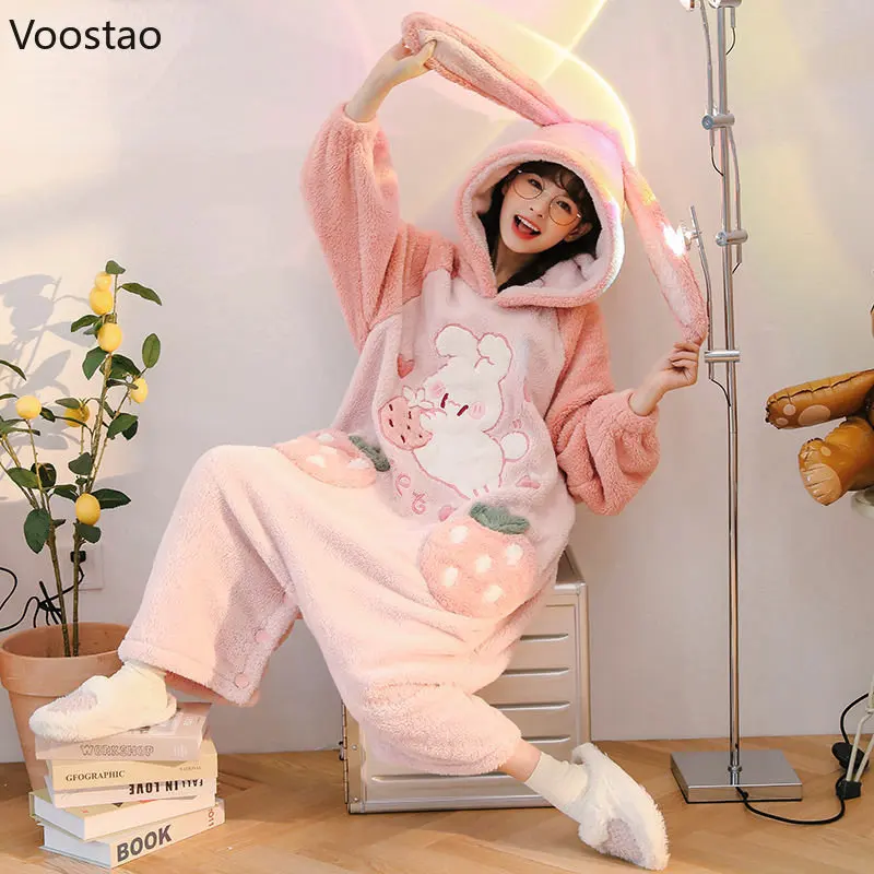 Sweet Bunny Hooded Onesies Women Pajamas Cute Pijama Winter Warm Sleepwear  Kawaii Female Nightwear Pyjamas Jumpsuit Homewear