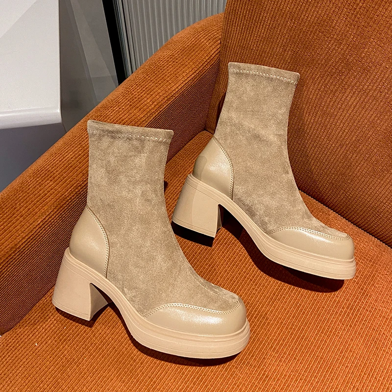 2024 NEW French Chunky High Heels Chelsea Boots Women Winter Shoes New Brand Suede Platform Pumps Slip-On Motorcycle Ankle Boot