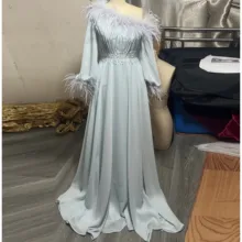 

Elegant Evening Dresses For Women Dress Beading Feathers Long Sleeve Sweep Train Floor-Length Party Prom Gown Robes De Soirée