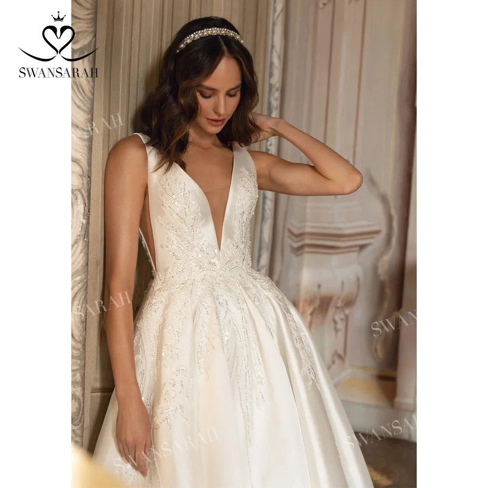 V-neck Sleeveless Wedding Dress 2025 Beading Open Back customized Princess Bride Gown SwanSarah P277 Vestido De Novia 3