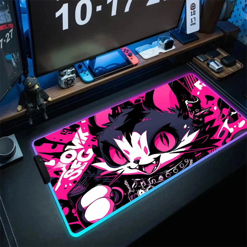 

RGB Cute Pink Mouse Pad Art Kawaii Punk Cat Pc Gamer Backlit Mat Computer Accessories Cool Mousepad Keyboard Desk Protector Mats