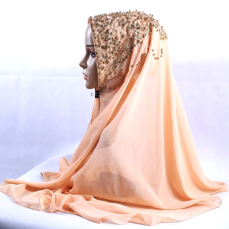 Luxury Women Beaded Chiffon Scarf Muslim Islamic Party Hijab Head Wraps Shawls Arab Headband Turban Stole 72*170cm 4