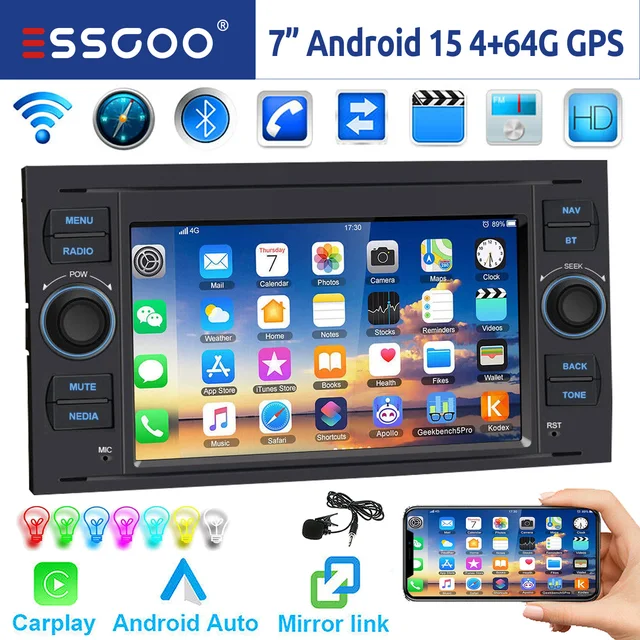 ESSGOO DAB Autoradio Android 15 4+64G pour Ford Focus MK2 Transit MK7 Connect Fiesta Fusion Kuga C-Max / S-Max Galaxy Autoradio Wireless Apple Carplay Android Auto GPS WIFI RDS FM Bluetooth Écran Tactile SWC EQ USB 1
