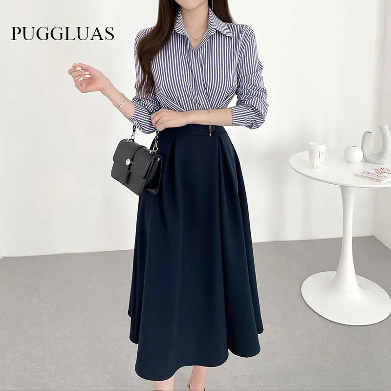

2023 Korea Women Striped Shirt Dress Spring Temperament Chic Long Sleeve Office Lady Lapel One Piece Elegant A Line Midi Dress