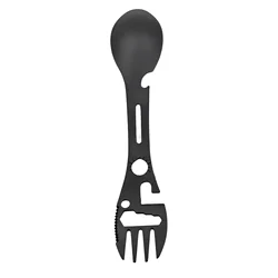 Multi-Function Portable Tableware Multi-Tool Utensil - Stainless Steel Fork, Spoon, Can Opener, and Bottle Opener (Black)