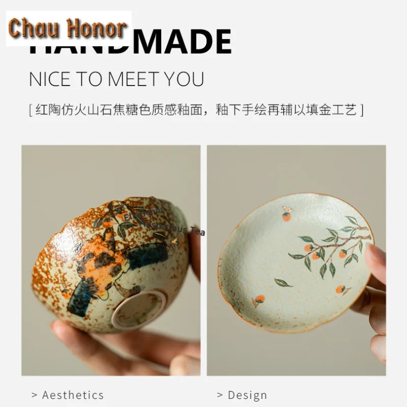 100ml Hand-drawn Orange Cat Teacup Creative Tea Bowl Water Jug Tea-tasting Fragrance Cup Chazhan Master Cups Tea Ceremony Gift