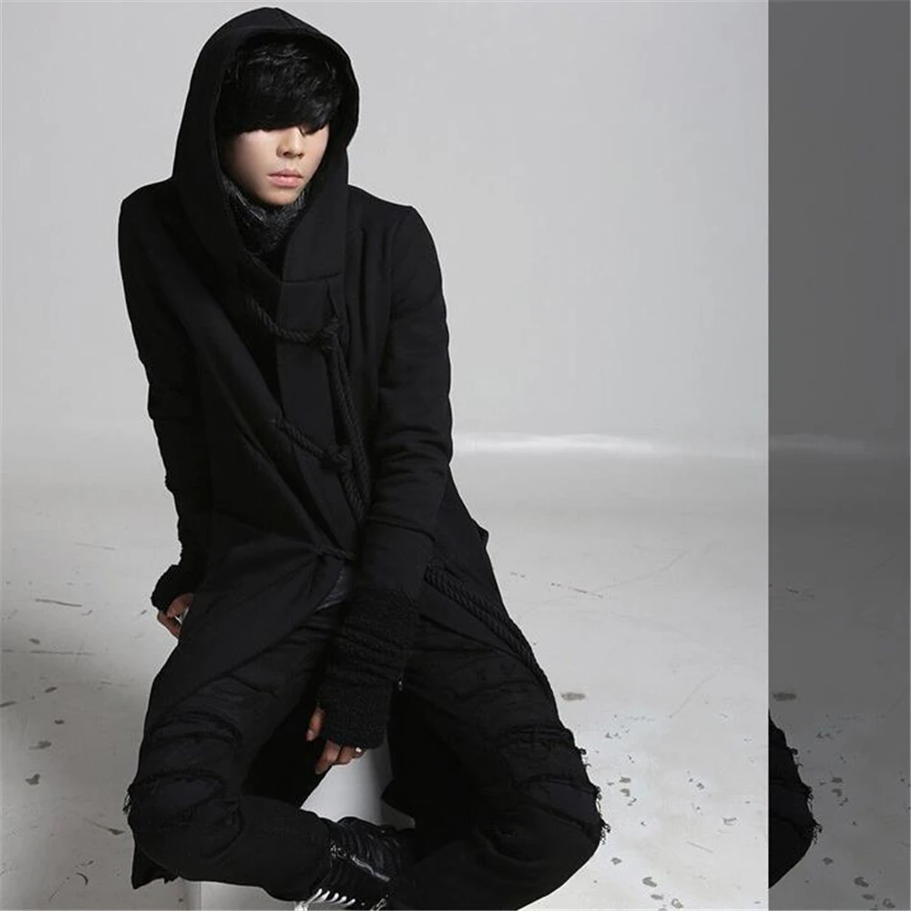 Description Picture 6 of itemAutumn Winter Men Punk Hip Hop Slim Fit Long Trench Coat Hooded Cloak Cardigan Mens Linen Rope Design Gothic Jackets Outerwear