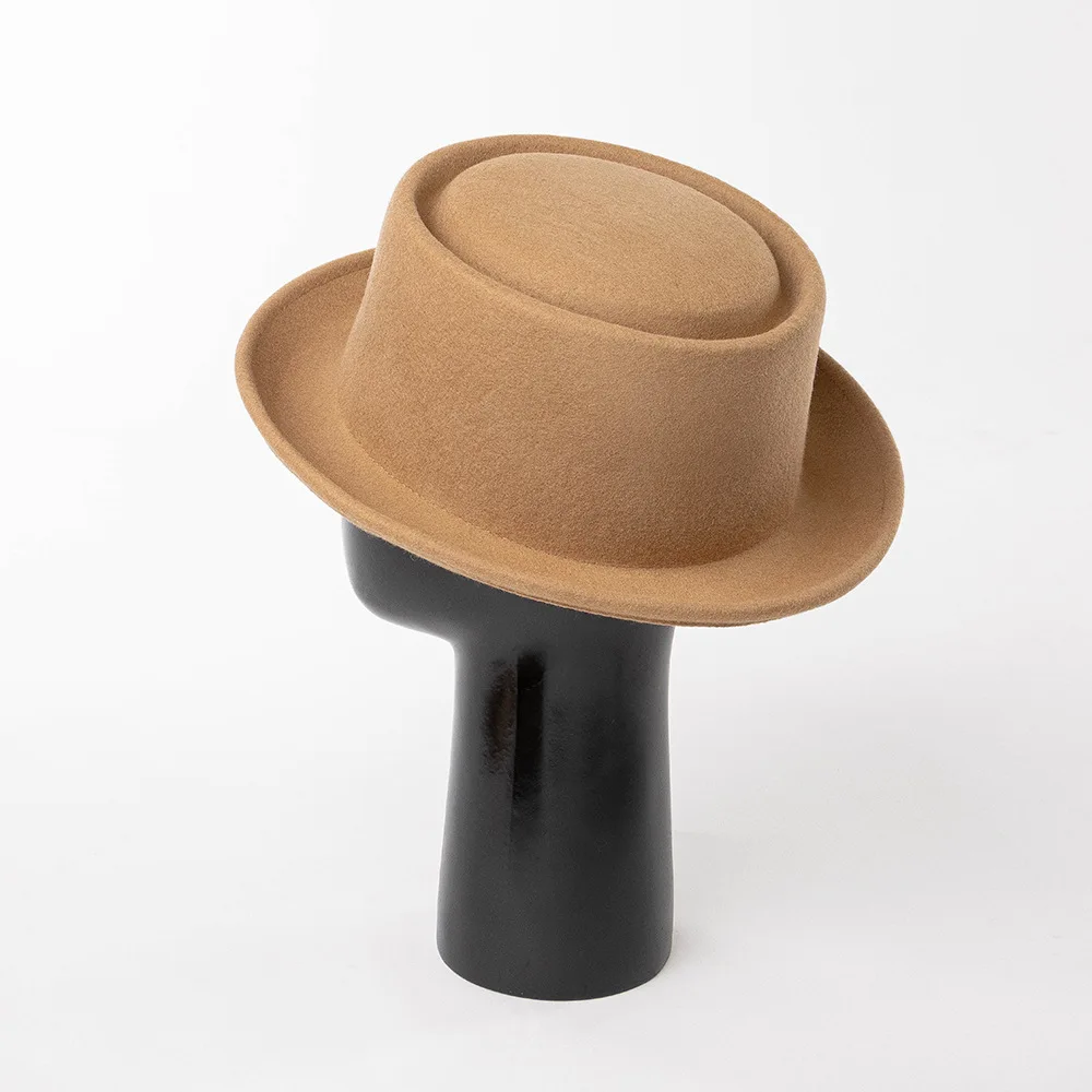 Modische 100 % Wolle Pork Pie Hut Fedora für Männer Frauen Herbst Winter warme Wolle flache Top Hut gebogene Krempe Männer Kleid Outdoor Caps – Detail 19