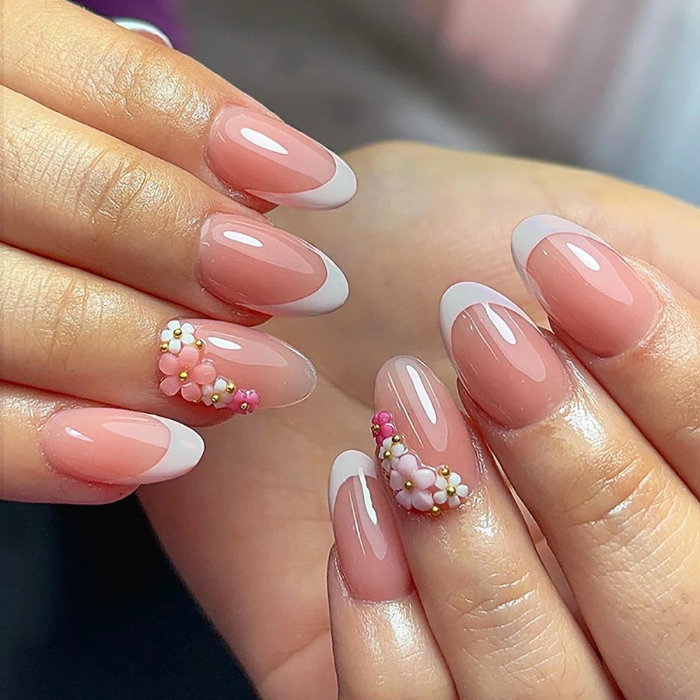 24Pcs Kawaii Sanriod Fake Nails Hello Kitty Long Square Almond Press On Nails French Diamond Zebra Stripes Fake Nail Tips Art 5