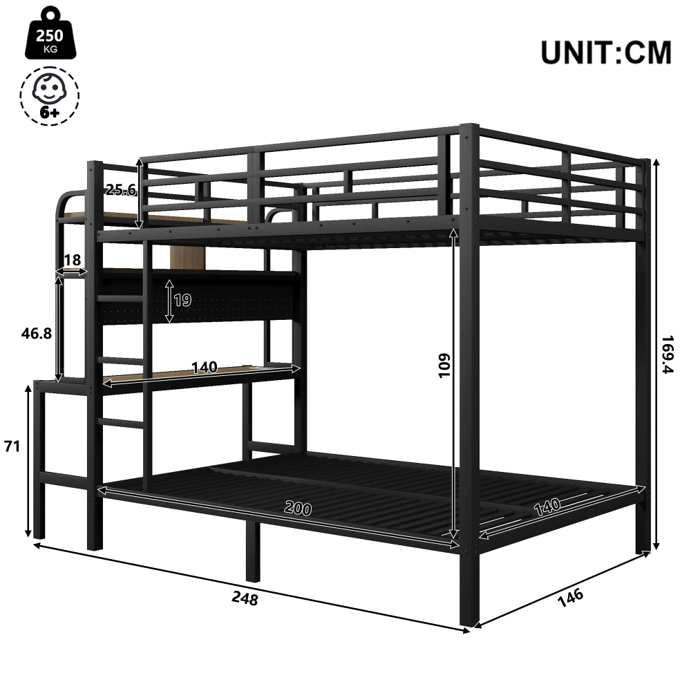 Etagenbett 140x200cm, Eisenrahmen, Stauraum, Schreibtisch mit LED-Lichtleiste, USB-Anschluss, Sicherheitsgeländer, Leiter, ohne Matratze – Detail 22