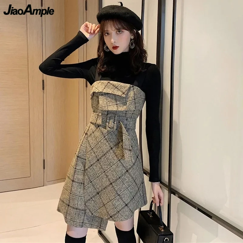 

Женское осенне-зимнее клетчатое платье, свитер, комплект из двух предметов, корейский женский Облегающий комбинезон, мини-платья с поясом, вязаные топы, наряды