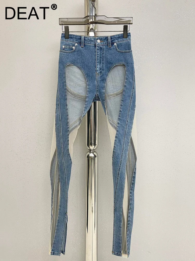 

2023 New Run Way Fashion Women Denim See Throw Sexy Full Length Half Big Hole Jeans Female Pants Slim Tide WY14000L