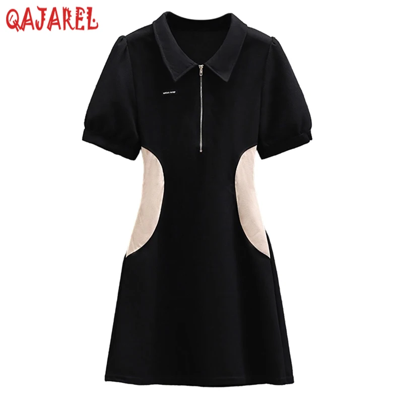 

Women Black Short Sleeve Polo Collar Mini Dress Summer Korean Vintage Hepburn Dresses 2024 Elegant Bodycon Casual Party Vestidos