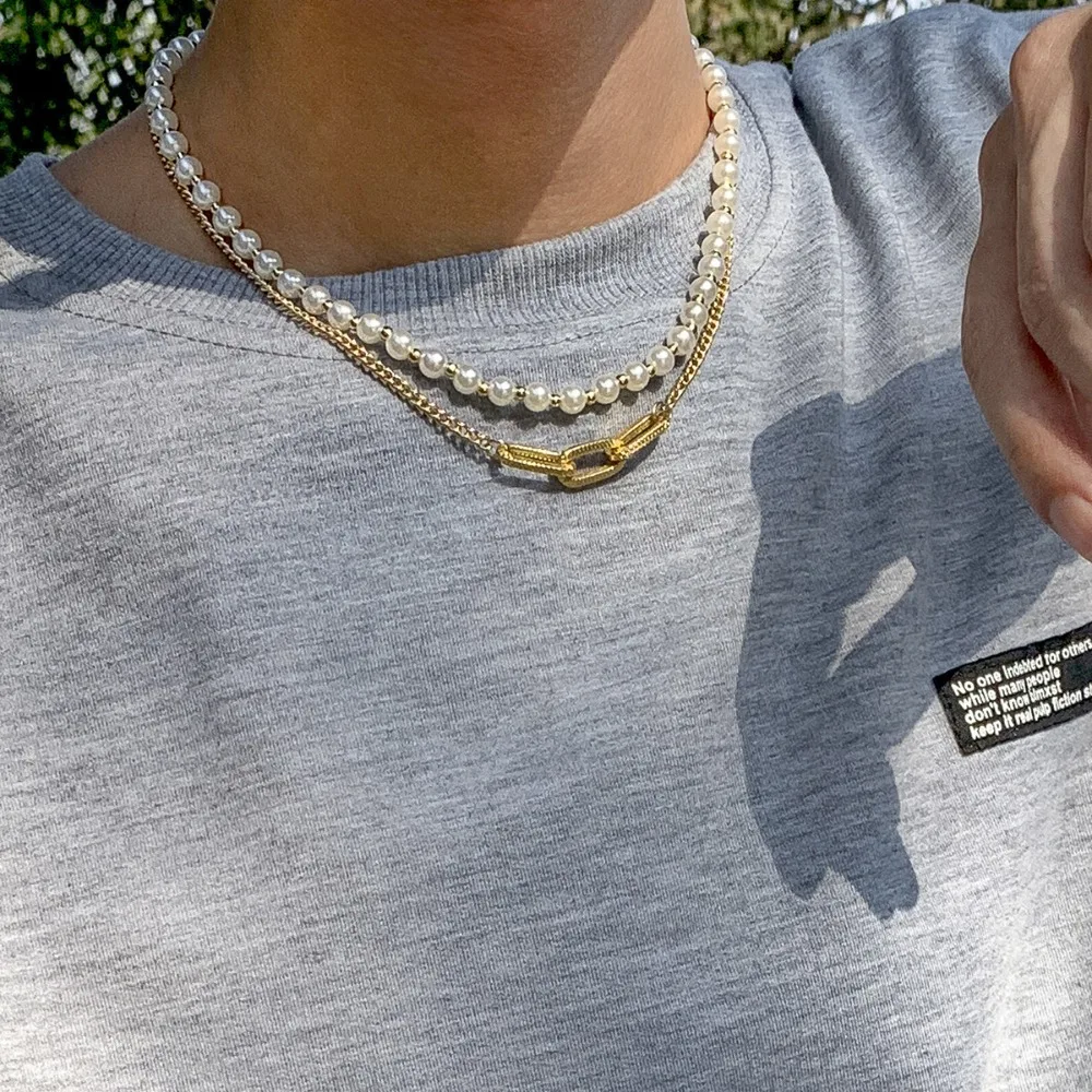 Imitation Pearl Metal Chain Necklace for Men and Women