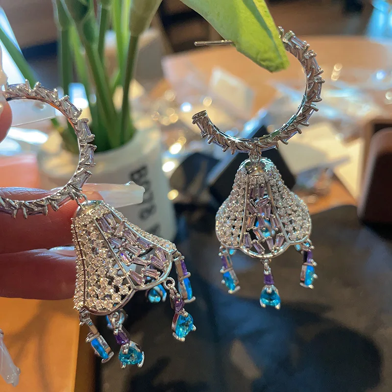 Bilincolor Colorful Zircon Wind Chime Tassel Water Drop Earrings