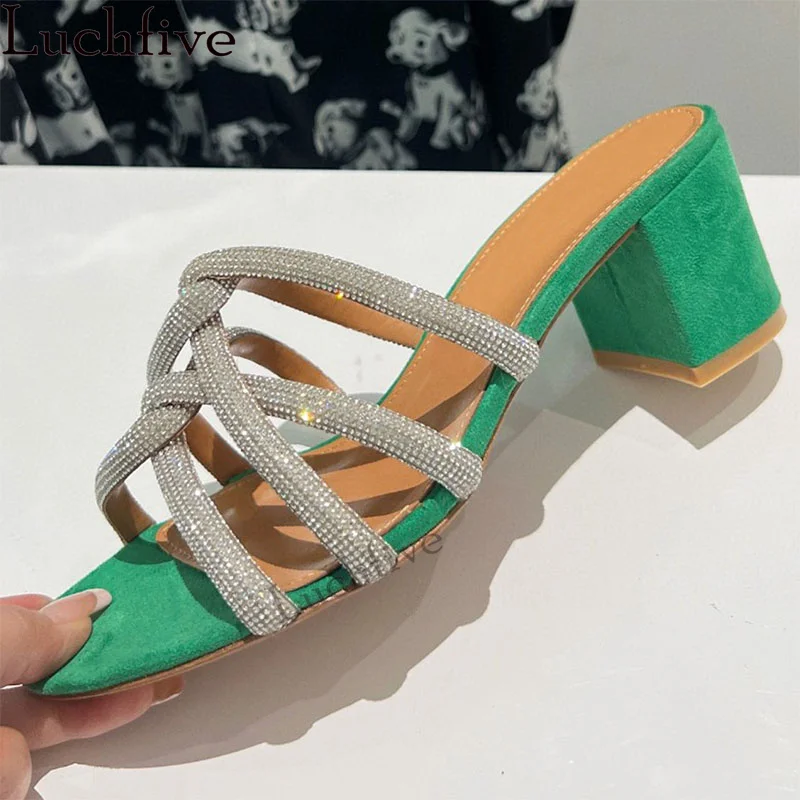 

Square Mid Heel Crystal Slippers for Women Open Toe Mules Woman Sandals Summer Luxury Ethnic Style Brand Party Shoes Mujer