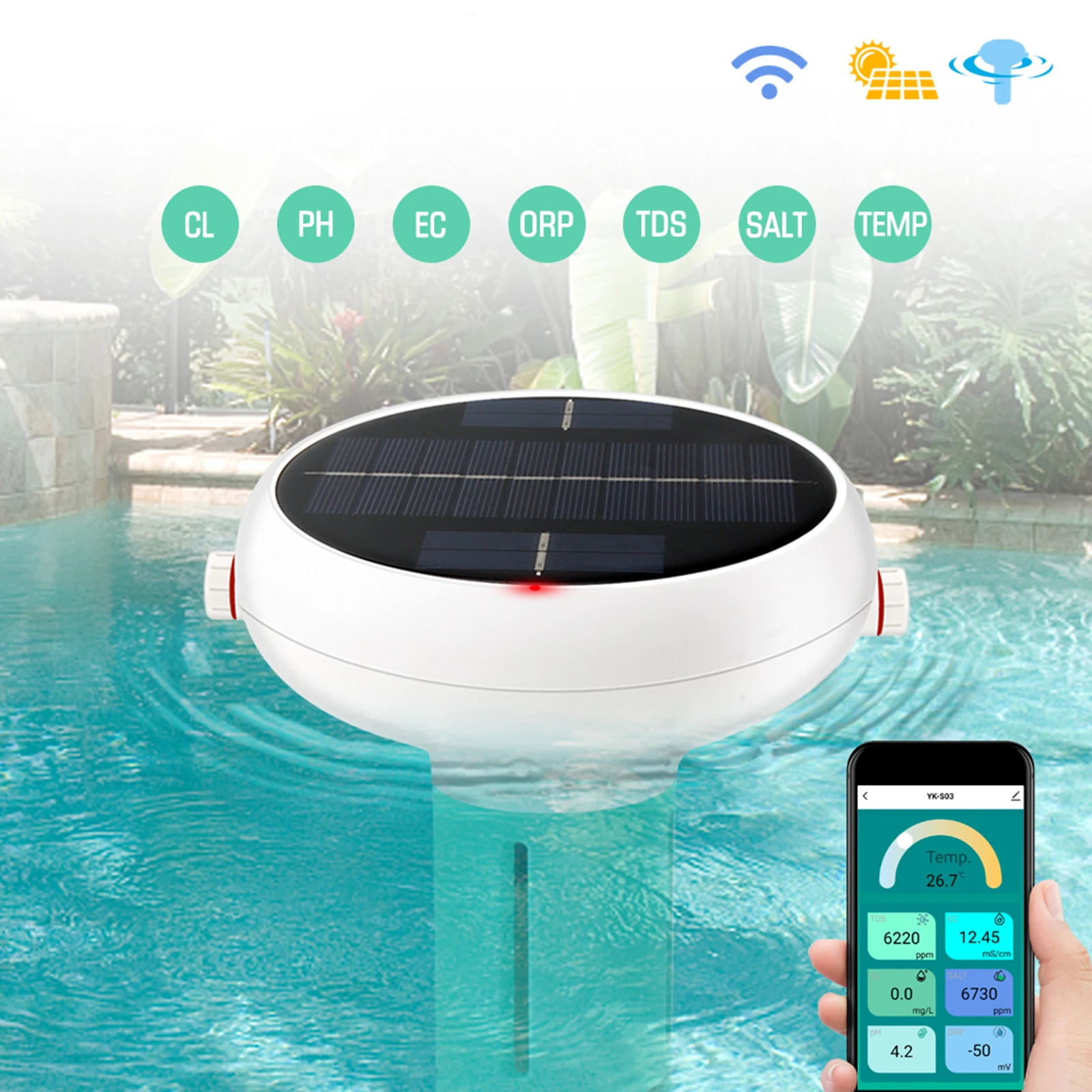 

Solar Swimming Pool Water Quality Tester 7 In 1 Smart Water Quality Detector PH EC TDS ORP Chlorine Testing APP Remote Viewing