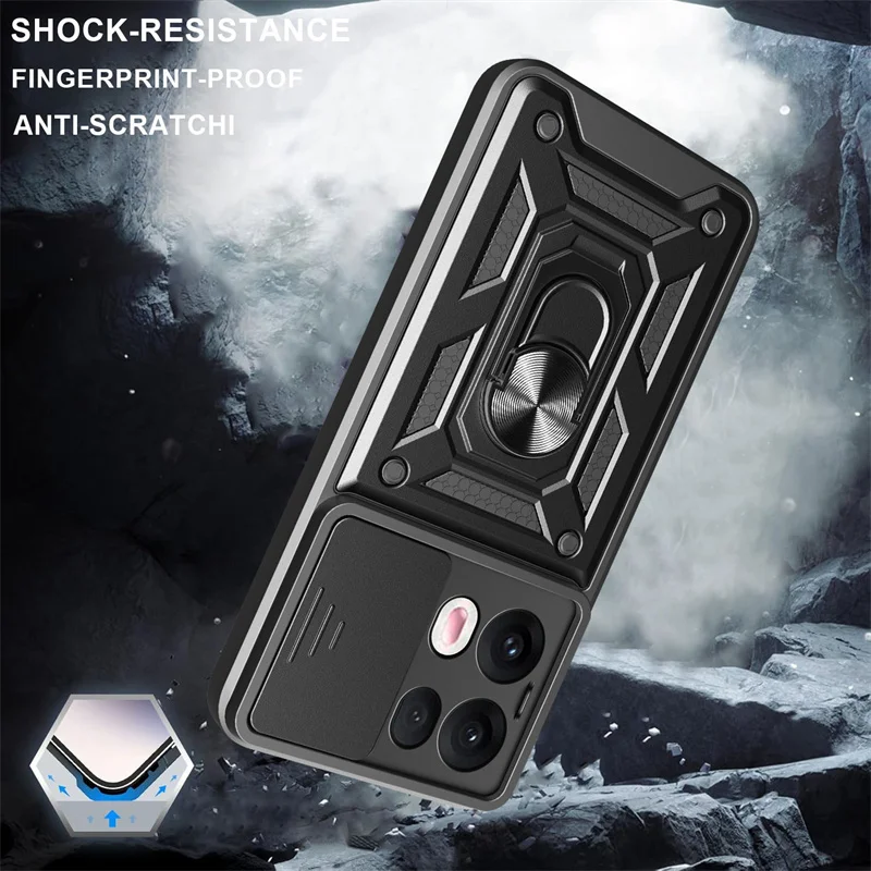 Shockproof Armor Case with Ring Holder and Slide Lens Protection Cover