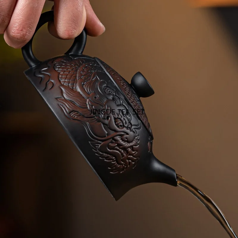 Purple pottery zodiac dragon carving handmade antique relief teapot household teapot Kung Fu tea set teapot