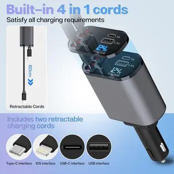 120/66w 4 IN 1 Retractable Car Charger Mobile Phone USB PD Type C Cable For iPhone Fast Charge Cord Cigarette Lighter QC Adapter 2