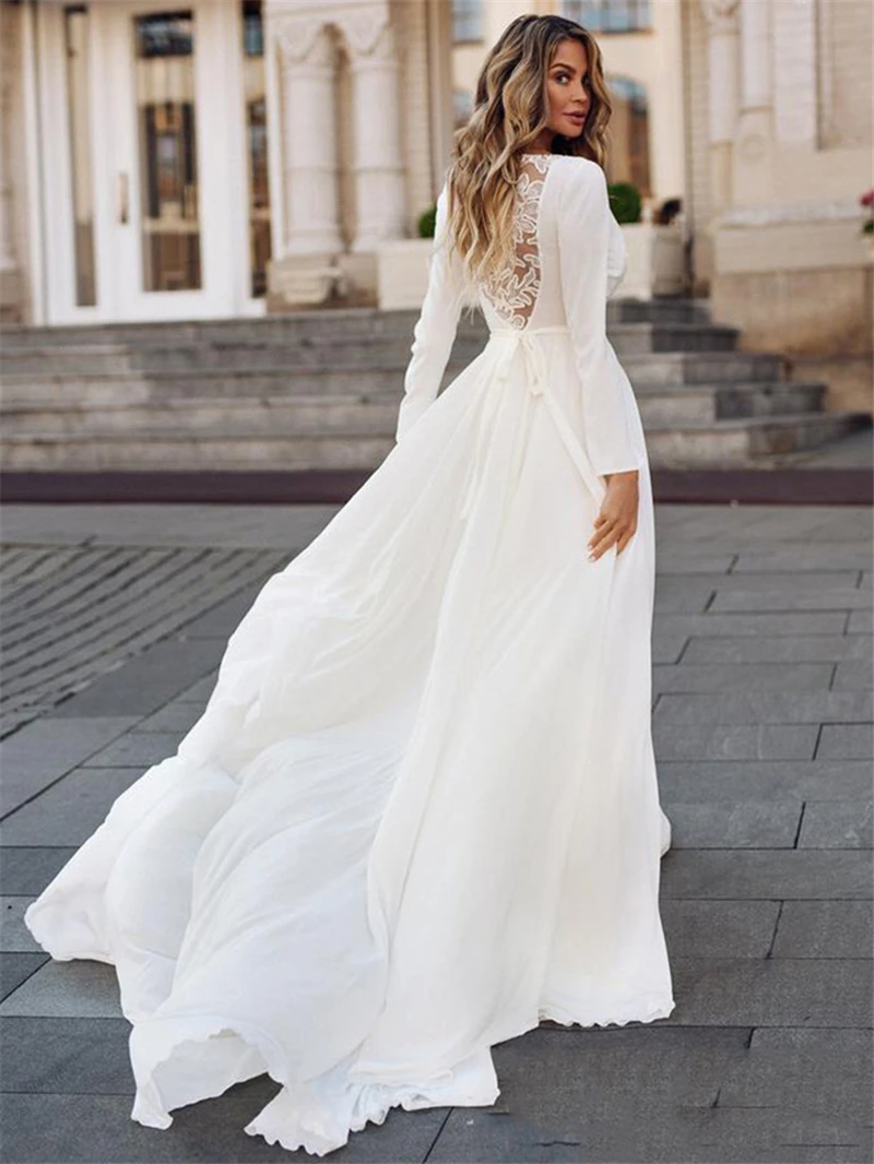 Illusion Back Long Sleeve Wedding Dress 2022 Simple V-Neck Appliques Bridal Gown Elegant Sashes Vintage For Women Custom MAde wedding dress for women