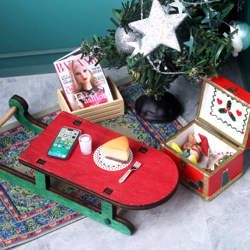 1:12 Dollhouse Miniature Christmas Sleigh Coffee Table Cheesecake Cream Caks Food Set Model Doll Living Scene Decor Toy 1 64 parking lot mat model car vehicle scene display large garage toy mouse pad scene show table mouse pad