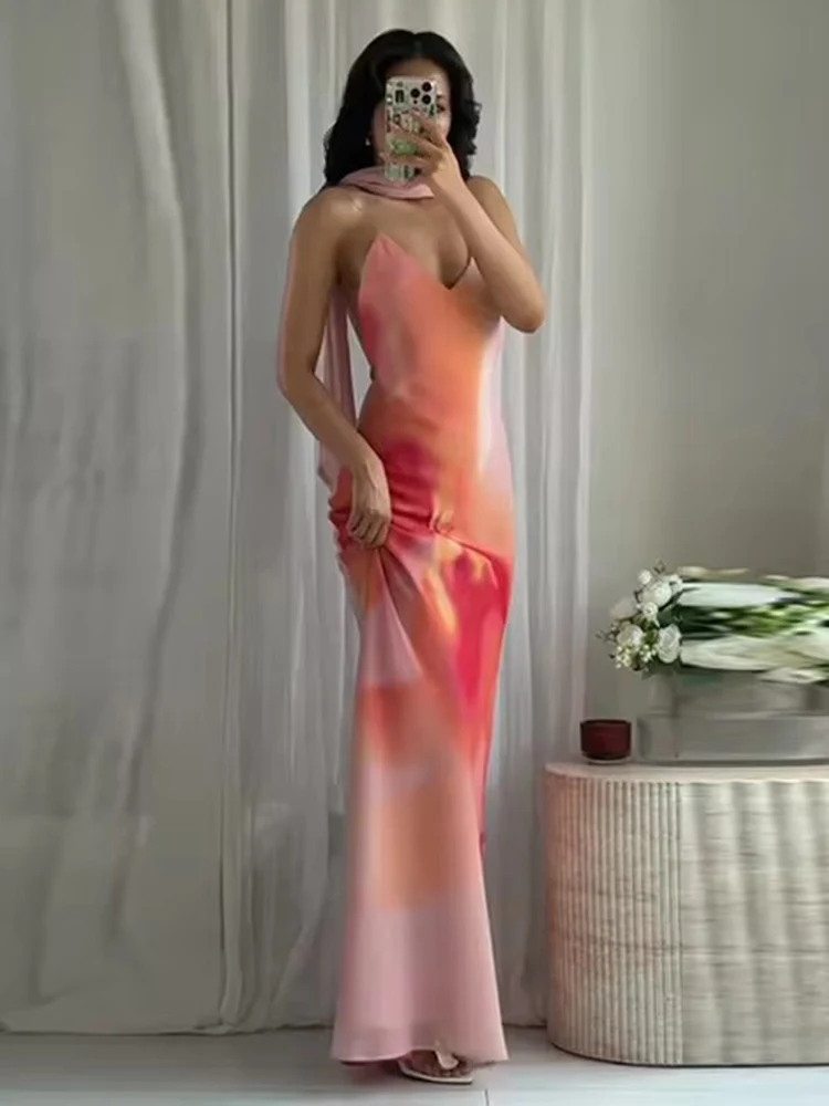 Elegant Tie-dye Gradient Print Sling Long Dress With Scarf Women Holiday Sleeveless Backless Evening Dress Summer 2025