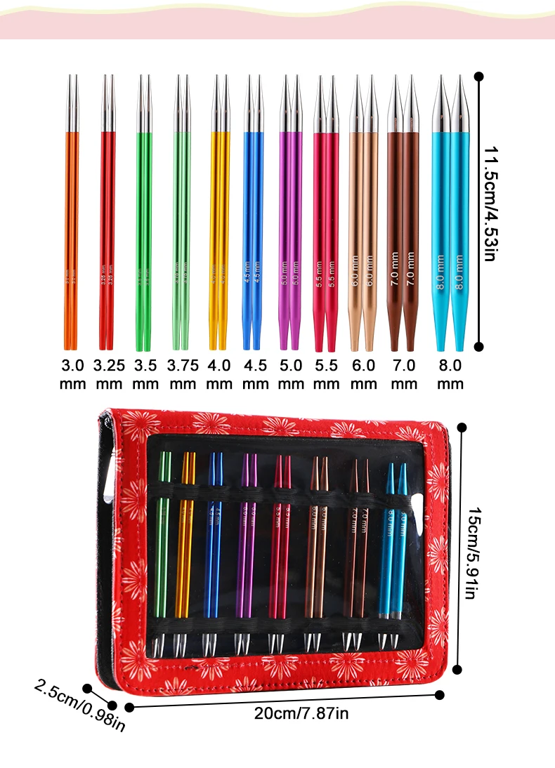 Description Picture 5 of itemQZLKNIT Interchangeable Circular Knitting Needles Sets 22PCS Aluminun Crchet Needles Red Color Bag Sewing Tool Accessories Gift
