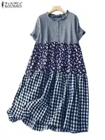 ZANZEA Women Plaid Long Dress 2024 Summer Holiday Pleating Stitching Shirt Dress Casual Loose Short Sleeve Robe Fashion Sundress - Image 6