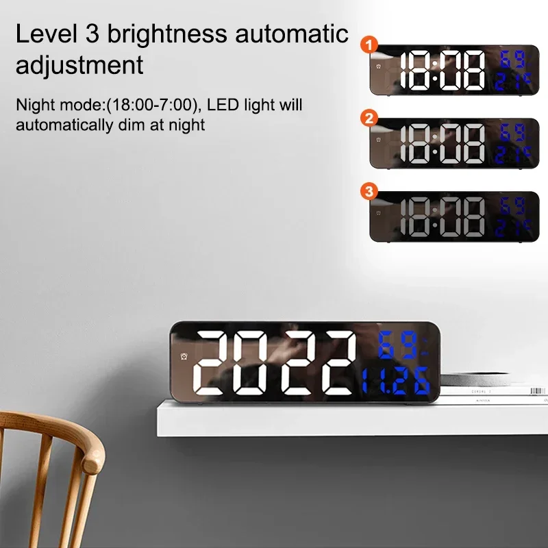 

Clocks Automatic Clock Alarms Digital Battery Large Date Display Powered Wall Humidity Brightness Temperature Wall-mounted