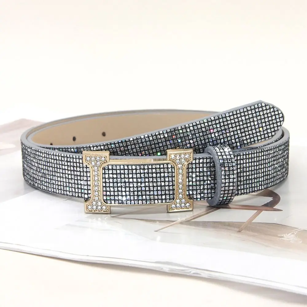 Fashion Bling Bling Sparkling Rhinestone Belt Glitter Versatile PU Leather Belt Luxury Brand Design Slide Buckle Belt Women