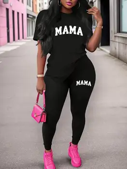 2026 Women's New Casual Spring/Summer Two Piece Set Round Neck Letter Printed Short Sleeve T-shirt and Letter Printed Pants Set 1