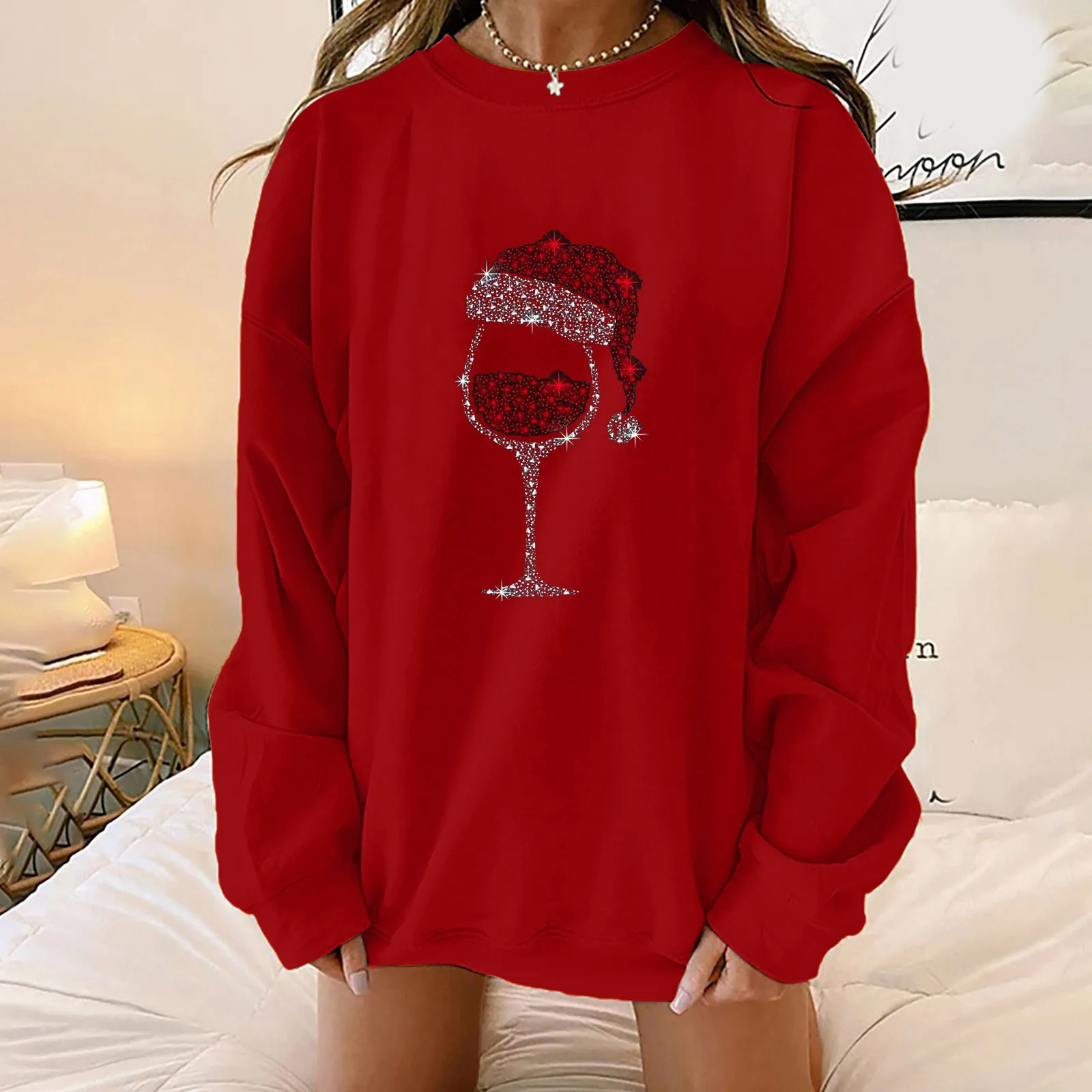 

Women Christmas Graphic Hoodie Crew Neck Pullover Long-Sleev Clothing Female Daily Sweatshirt Casual Xmas Wine Glass Print Top