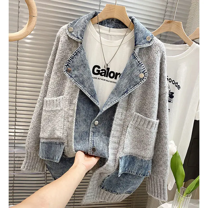 2023 New Autumn Winter Women Splicing Denim Jacket Women Long Sleeve Jean Jackets Female Loose Sweater Cardigan Jacket 3