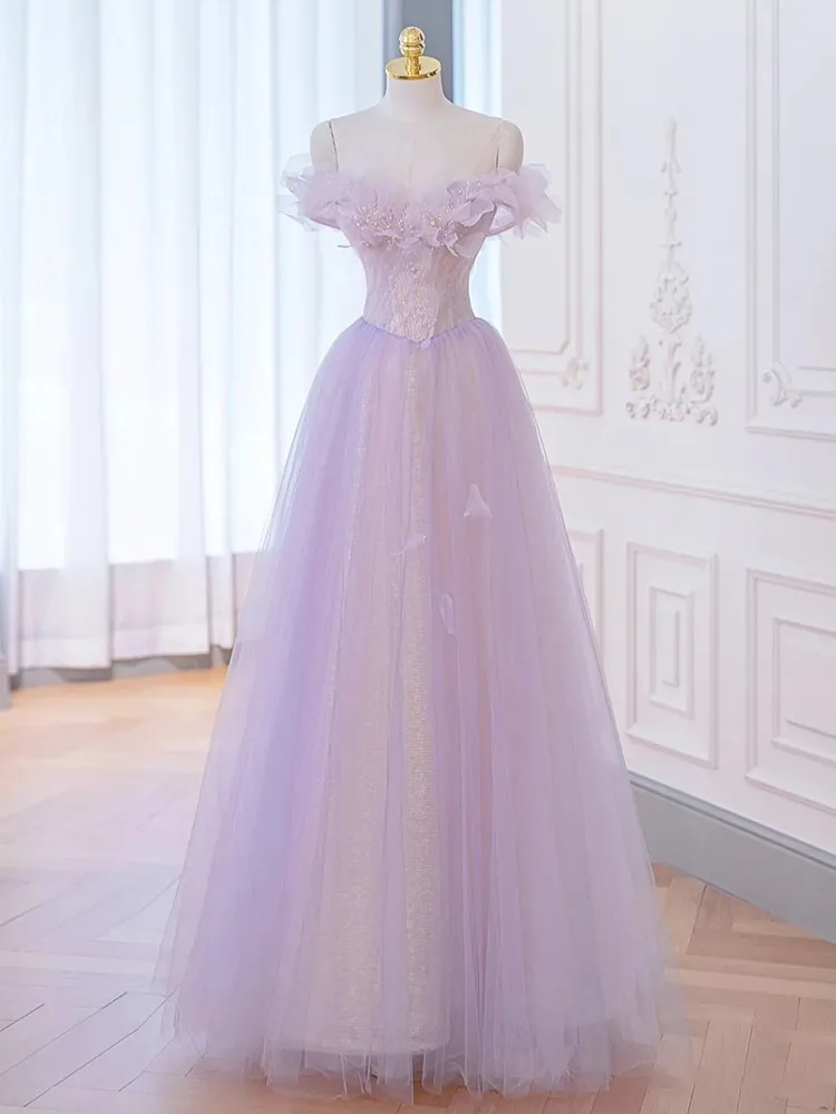

Purple Evening Dress Women's off-Shoulder Light Luxury Minority Host Birthday Adult Summer
