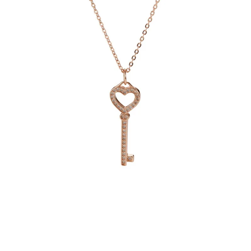 S925 Sterling Silver Simple Love Key Necklace for Women Inlaid zircon Hot-Selling Creative Sweet Peach Heart Collarbone Chain