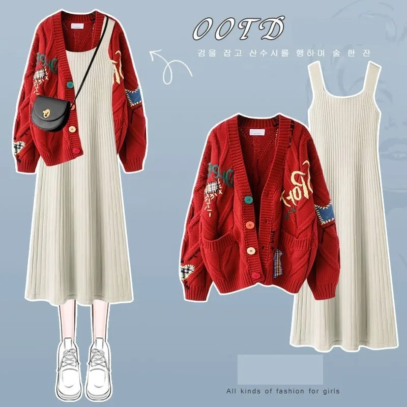 Women's Winter New Vintage Embroidery Knitted Sweater Jacket Matching Set Korean Elegant Long Sleeve Cardigan Dress 2 Piece Suit