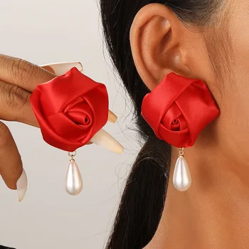 Fashion Pearl Cloth Rose Flower Earrings For Women Jewelry 2025 Trending New Luxury Women's French Sweet Pearl Drop Earrings