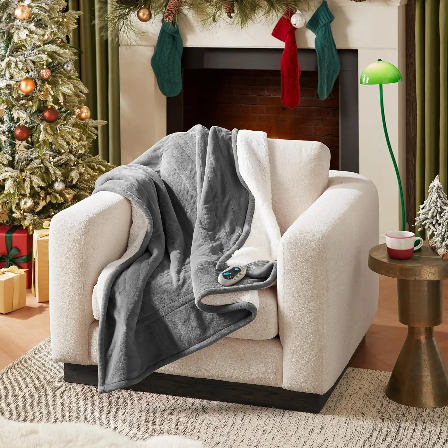 Warm, Reversible Plush-Heating Blanket Throw for Office, 3 Heat Settings, 2 hr Auto Shut Off, Machine Washable, 50 x 60 Grey