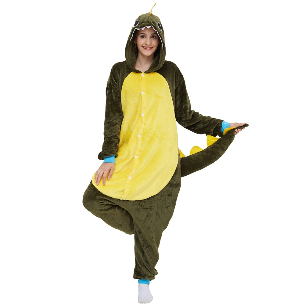 Adults Animal Onesies Green Dragon Winter Pajamas Sets Sleepwear Women Men Unisex Halloween Christmas Cartoon Flannel Pyjamas