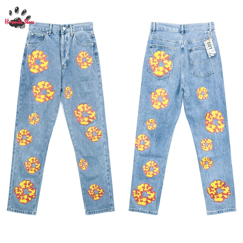 Top Quality 2024 New Hip Hop Streetwear Flame Kapok Pants Men Woman Casual Black Blue Unisex Jeans Trousers