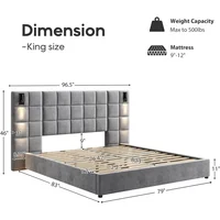 King Platform Bed Frame with Headboard, Elegant Velvet Upholstered Bed with Grid Pattern Padded Headboard, 2 LED Wall Sconces 2