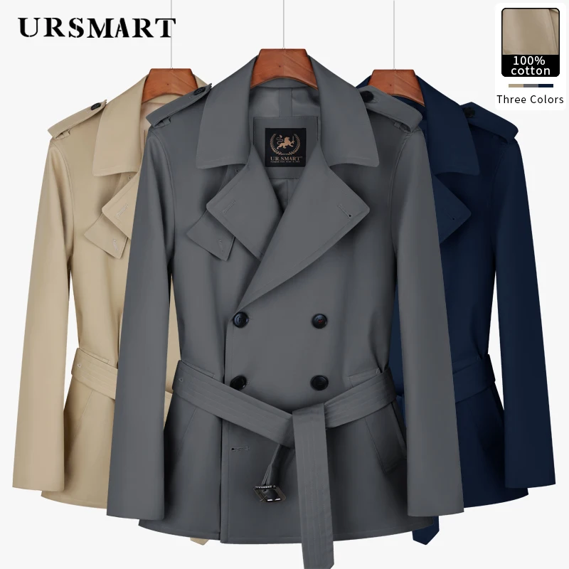 

Cotton short trench coat for men large lapel with double breasted fashionable khaki thickened down inner for warmth loose windb