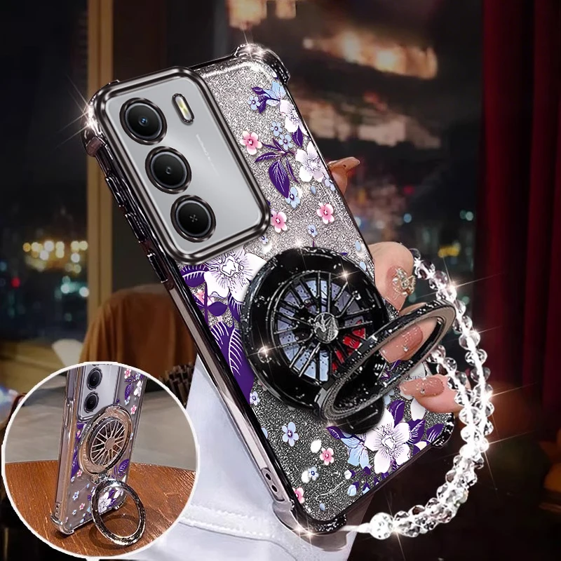 Purple Flowers Plating Phone Case with Lanyard Bracket