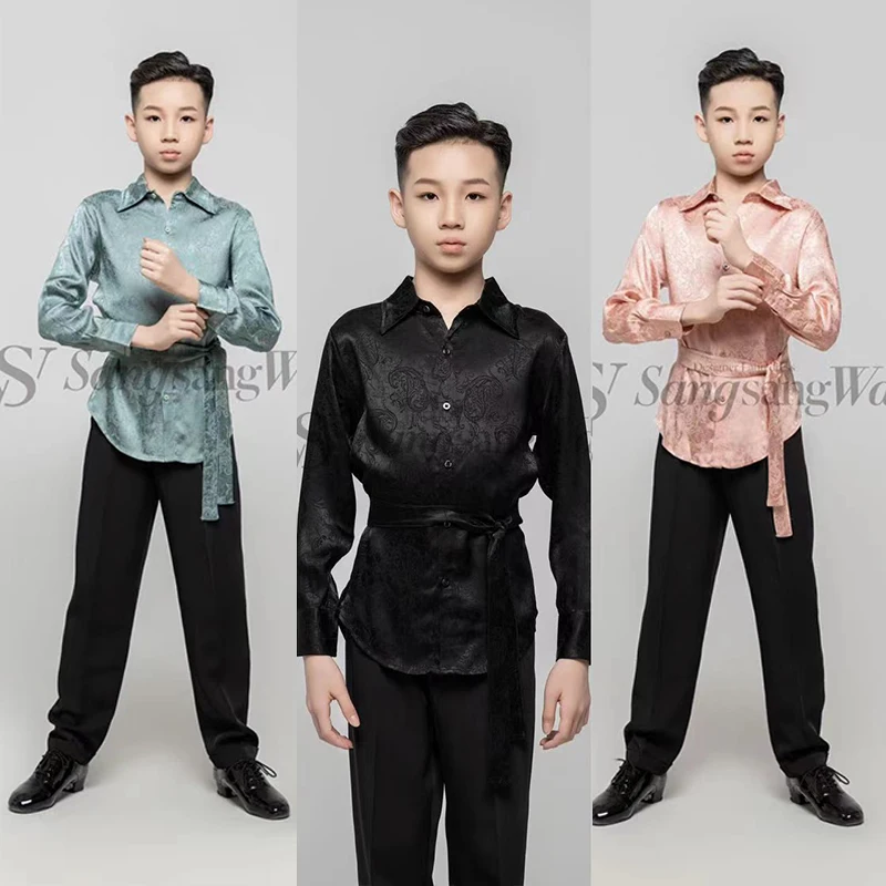 

Boys Latin Dance Shirts Satin Long Sleeves Practice Clothes Cha Cha Rumba Ballroom Dance Performance Clothing Black Top DNV18379