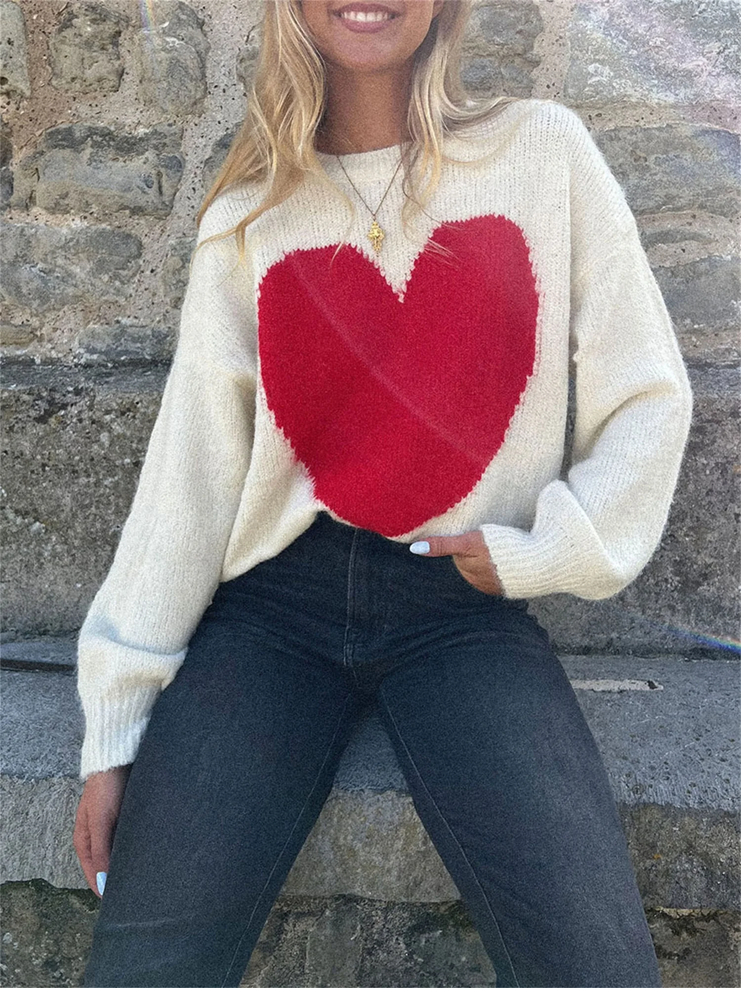 Women s Winter Warm Knit Sweater Long Sleeve V-Neck Snowflake Print Pullover Knitwear Fashion Jumper Coat