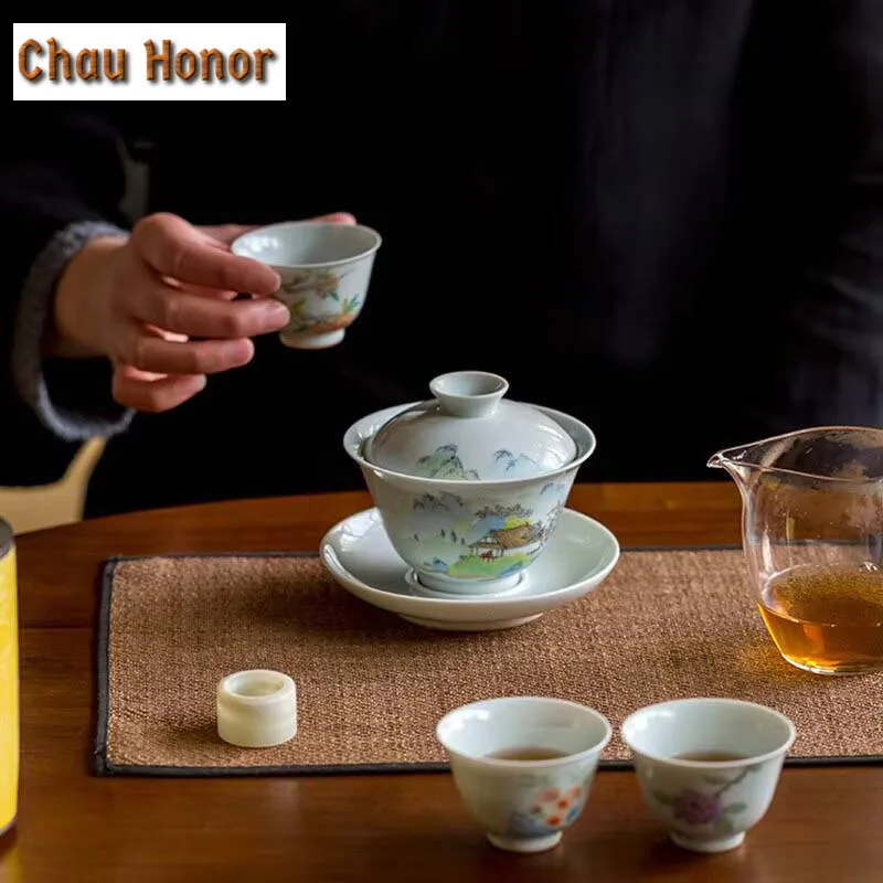 140ml Boutique Antique Glaze Ceramics Pure Hand-painted Ceramics Sancai Gaiwan Handmade Household Kung Fu Teaset Tea Ceremony